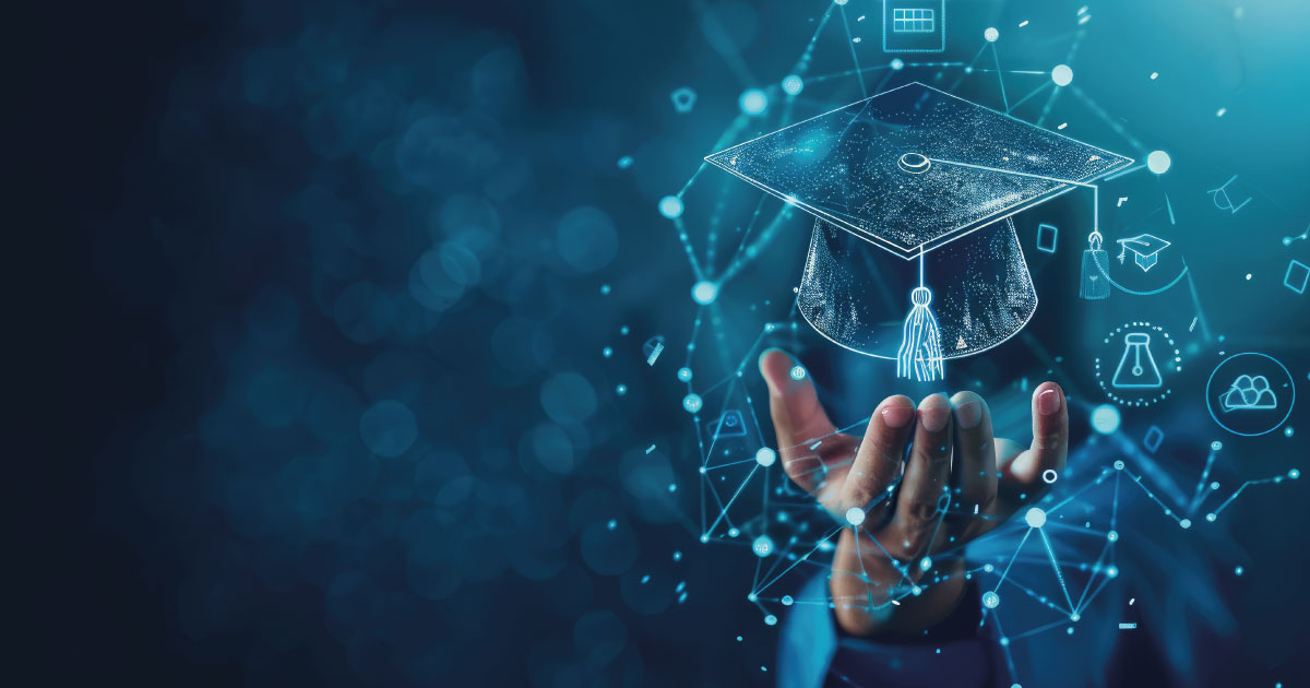 Hand, die ein virtuelles Symbol für einen Abschlusshut hält